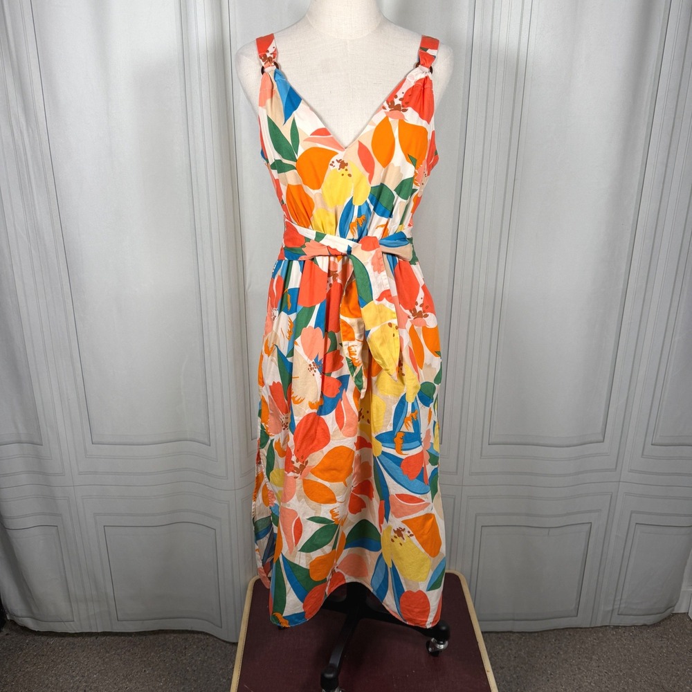 Vince Camuto Bold Floral V-Neck O-Ring Midi Dress with Pockets Size 4
